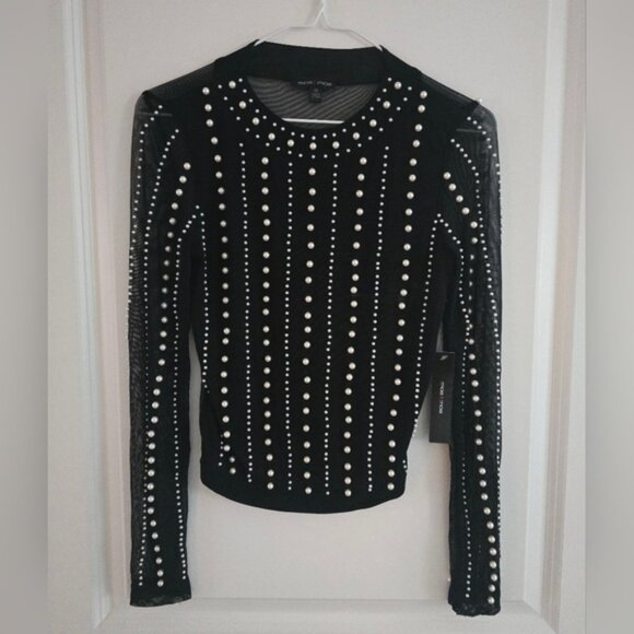 Moa Moa Tops - Moa Moa Sheer Elegant Black Pearl Embellished Top